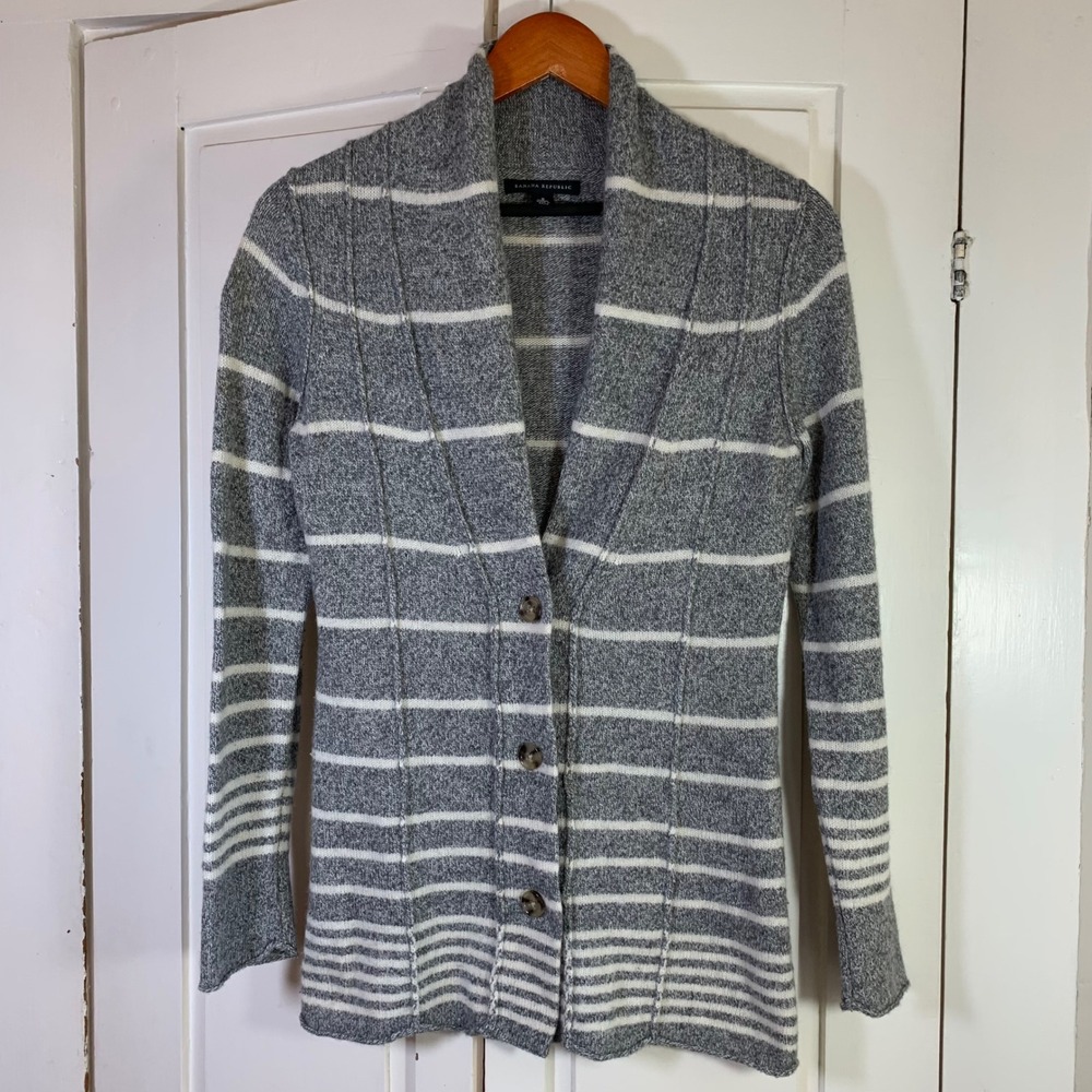 Banana Republic Womens Striped Cardigan Sweater Size S Wool Blend Gray White